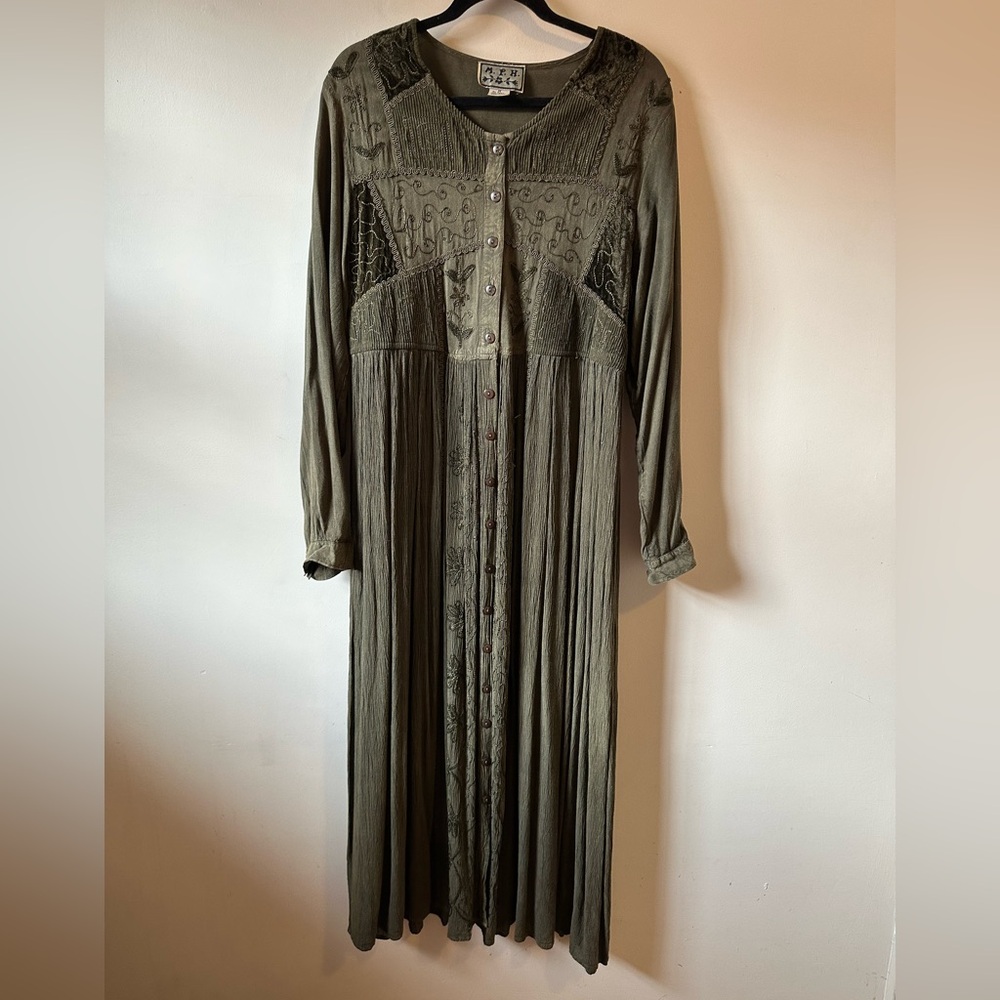 Vintage 90s Olive Green MPH Embroidered Button Front Maxi Dress Velvet Boho